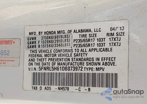 2013 Honda Odyssey Ex-L from USA, damaged, VIN 5FNRL5H61DB073972